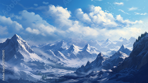 Winter landscape with snowy mountains, winter mountains panorama banner, top of snowy mountain range, Ai generated image 