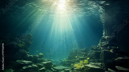 Underwater view of a reef, Beautiful blue ocean background with sunlight and undersea scene, water of tropical sea, Ai generated image 