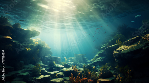 Underwater view of the world, Beautiful blue ocean background with sunlight and undersea scene, water of tropical sea, Ai generated image 