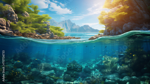 Beautiful blue ocean background with sunlight and undersea scene  water of tropical sea  Ai generated image 