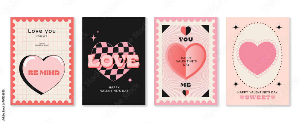 Happy Valentine's day love cover vector set. Romantic symbol wallpaper of geometric shape pattern, heart shaped icon. Love illustration for greeting card, web banner, package, cover, fabric.