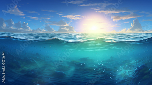 Iceberg in the ocean, Sunset on the beach, Split underwater view with sunny sky and serene sea, water of tropical sea, Ai generated image 