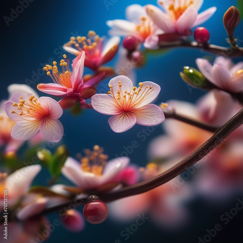 close-up of pink peach blossom surrounded by mist and water droplets in warm sunlight