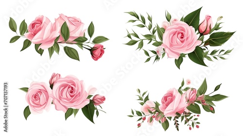 Set of vector bouquets of pink rose. Flowers on white background. All elements are isolated. Elements for wedding design. Corners and borders of pink roses. generative ai