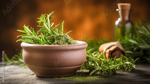 Fresh aromatic rosemary in mortar bowl for cooking.
