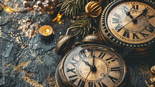 Deux horloges vintage sur une surface texturée avec décorations festives photo