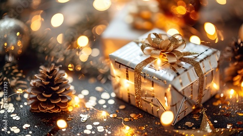 Scène festive avec cadeau emballé, lumières scintillantes et décorations saisonnières