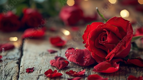 Rose rouge éclatante avec gouttelettes d'eau sur un fond en bois photo