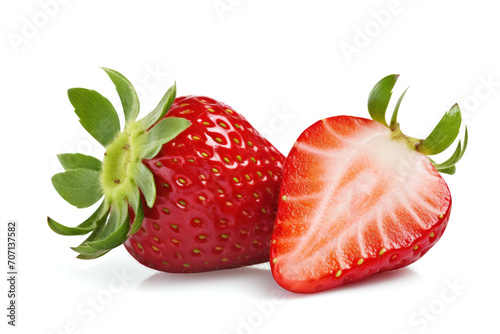 fresh ripe red strawberry and a half of berry isolated on white background, healthy, vegetarian, fruit smoothies, with clipping path.