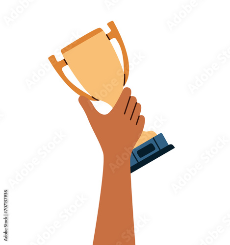 Hand holding cup. Symbol of relay race, competition victory, champion or winner.