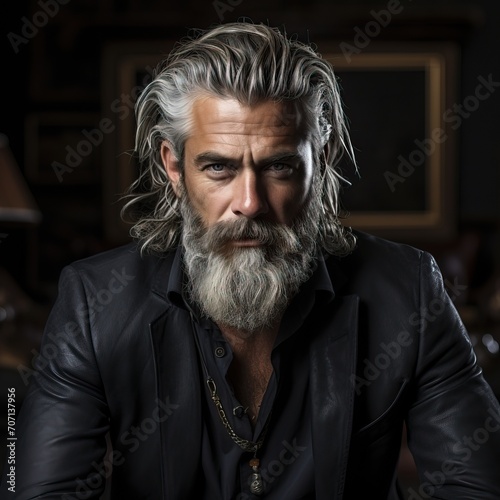 Portrait d'un homme mûr au regard sérieux, barbe et cheveux grisonnants, veste en cuir foncé
