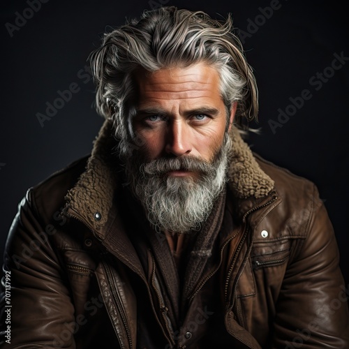 Portrait d'un homme mûr au regard sérieux, barbe et cheveux grisonnants, veste en cuir foncé