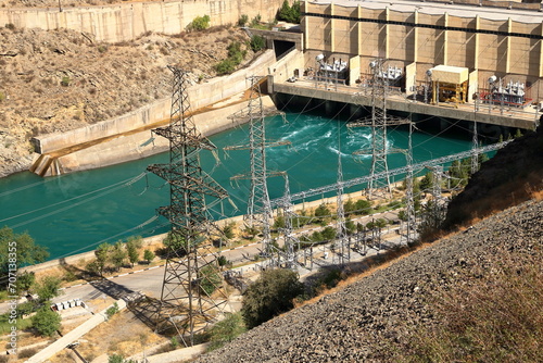Kurpsai Hydro station. Lower Naryn River Canyon near Toktogul in Kyrgyzstan. Hydroelectric dam in central asia