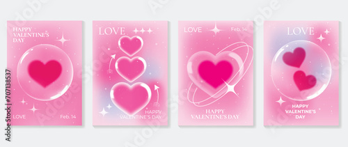 Happy Valentine's day love cover vector set. Romantic symbol poster decorate with trendy gradient heart vibrant colorful background. Design for greeting card, fashion, commercial, banner, invitation.