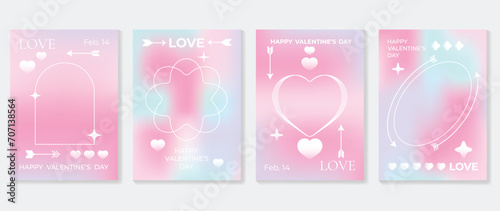 Happy Valentine's day love cover vector set. Romantic symbol poster decorate with trendy gradient heart pastel colorful background. Design for greeting card, fashion, commercial, banner, invitation.