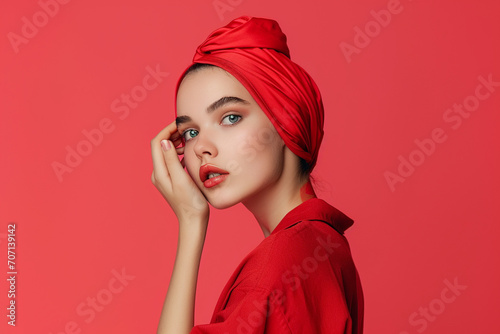 Young beautiful woman portrait isolated on color background