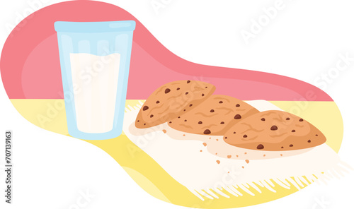 Glass of milk and chocolate chip cookies on a napkin. Flat lay of breakfast snack vector illustration. Comfort food and yummy treat.
