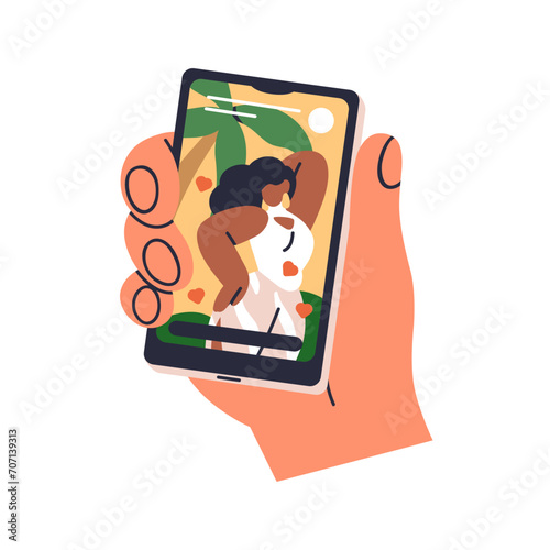 Watching social media, network stories, holding mobile phone in hand. Watch b...