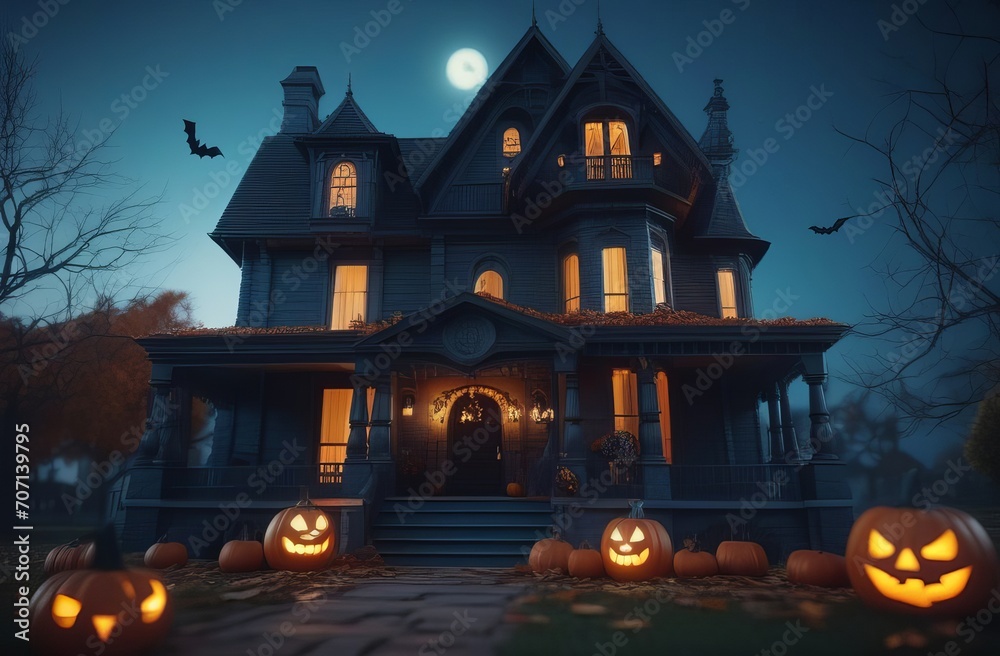 Halloween background. Spooky pumpkin nearby house in dark forest. Halloween design with copy space. Jack 'O Lantern In forest In Spooky Night Halloween