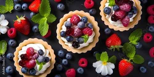 Healthy summer pastry dessert. Berry tartlets or cake with cream cheese top view. photo