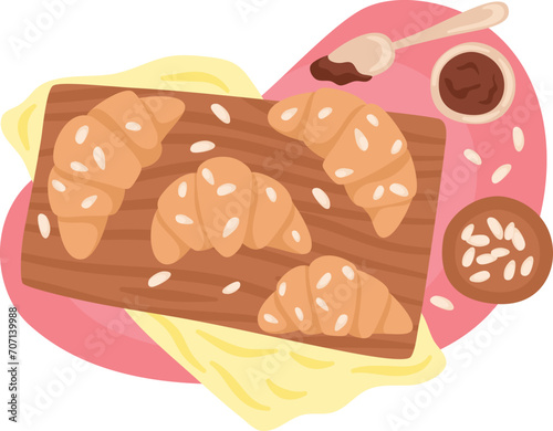 Croissants on wooden board with cups of coffee, breakfast scene. Fresh baked pastries and hot drinks, top view vector illustration.