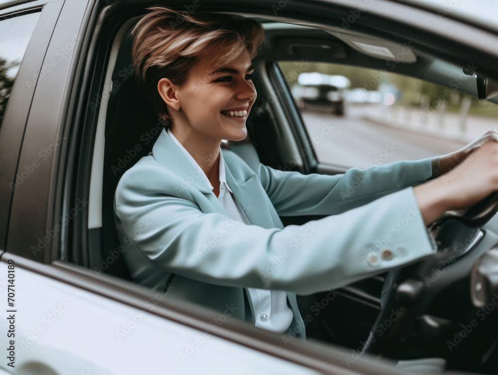 a happy stylish short-haired woman in light blue suit is driving white car. Portrait of happy female driver steering car with safety belt. a happy stylish short-haired woman in light blue suit is driving white car. Portrait of happy female driver steering car with safety belt.