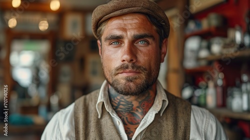 Homme hipster avec casquette gavroche, tatouages et chemise