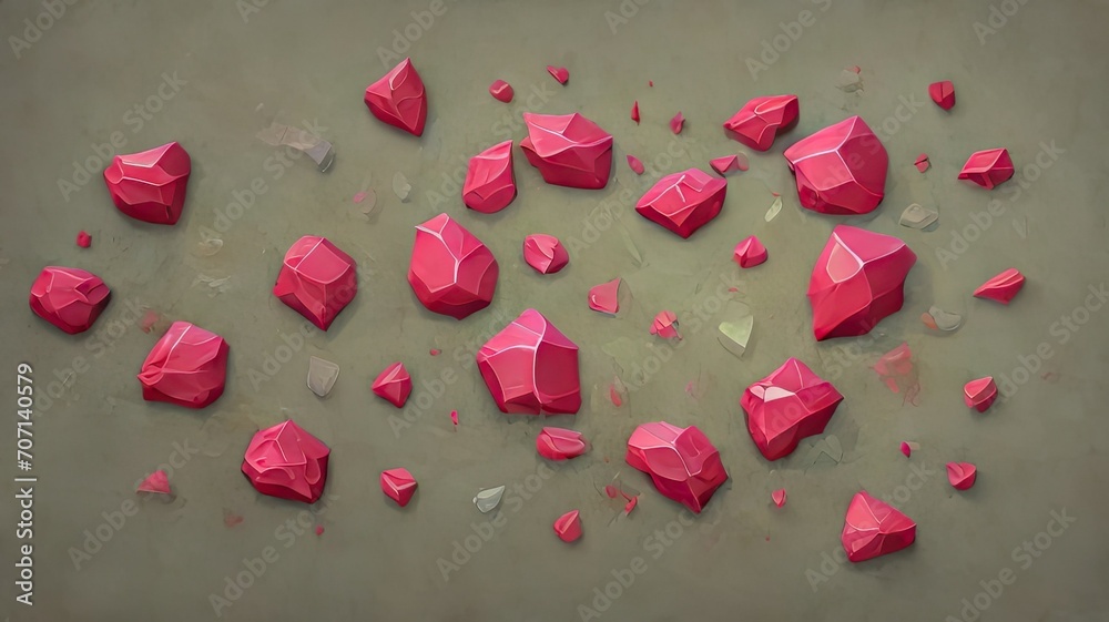 Pieces of heart stones, 3d rendering of red stones of broken heart on ground, broken heart concept, red colored stones, Valentine's Day concept