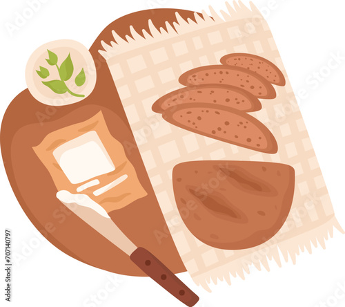 Freshly baked bread with butter and herbs on cutting board, picnic blanket. Homemade food and bakery concept vector illustration.
