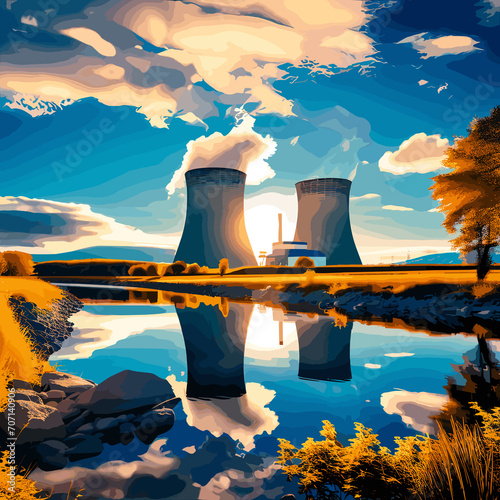 An illustrative image of a clean nuclear power plant, featuring a blue theme. photo