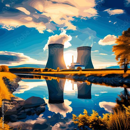 An illustrative image of a clean nuclear power plant, featuring a blue theme.