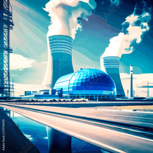 An illustrative image of a clean nuclear power plant, featuring a blue theme.