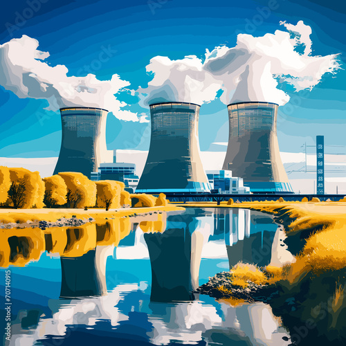 An illustrative image of a clean nuclear power plant, featuring a blue theme.