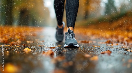 A girl running down the street in rainy fall weather