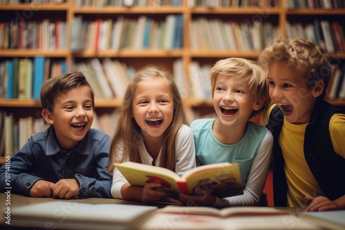 group of children in library reading photo