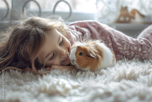 Little girl play at home with hers guinea pig.
