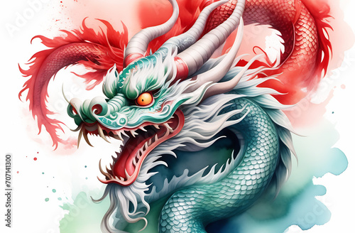 Chinese dragon depicted in watercolor technique with splashes and stains. Symbol of Chinese New Year. Dragon with open mouth in green and red. Art of traditional Chinese painting.