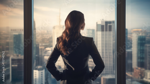 A thoughtful businesswoman stands in a modern office, gazing at the downtown skyline, offering ample space for text. Captures ambition and urban professional life. photo