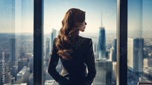Back view of a businesswoman in a room with a vast window, watching the day unfold over a bustling downtown. Reflects independence and strategic thinking.