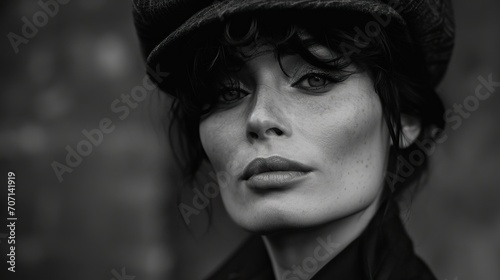 Portrait d'une femme de 40 ans une casquette Gavroche en noir et blanc avec un air mélancolique et pensif