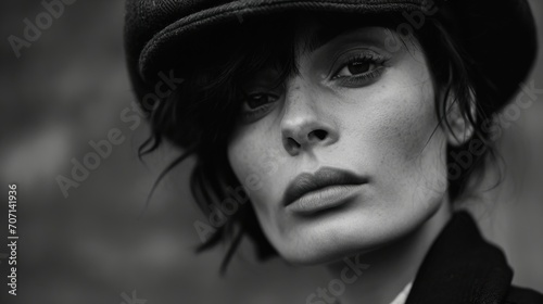 Portrait en noir et blanc d'une personne au regard frappant, coiffée d'une casquette gavroche