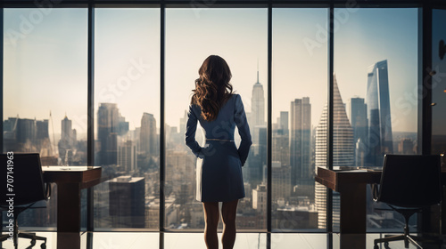 Full-body image of a businesswoman in a corporate setting, standing by a large window with a panoramic view of the downtown skyline, perfect for professional themes.