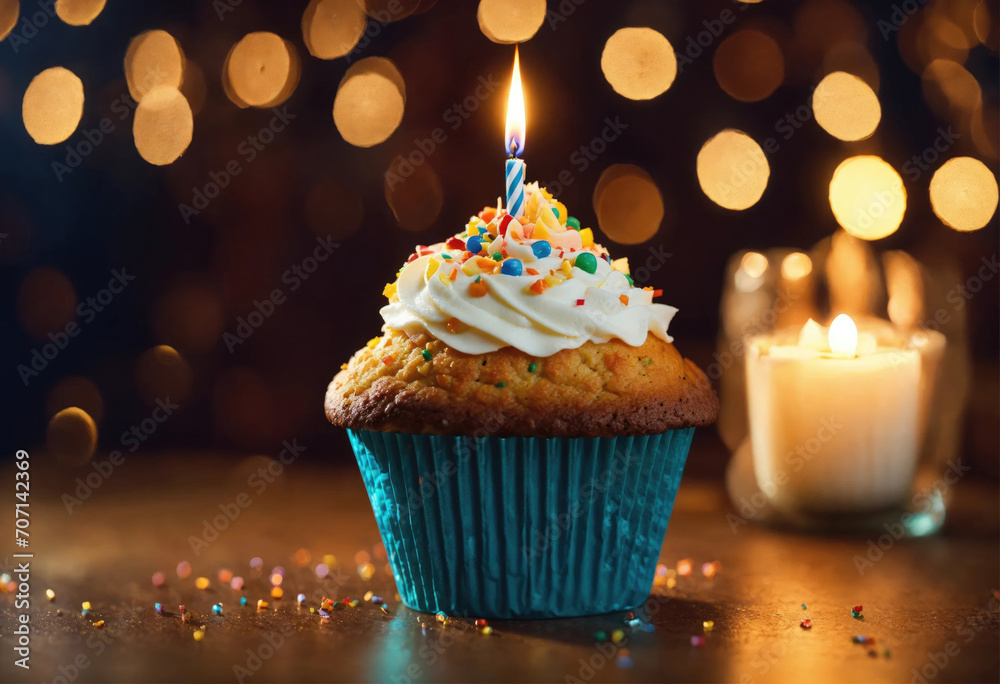 A birthday muffin with a candle, creamy topping, and colorful sprinkles against a bokeh background A birthday muffin with a candle, creamy topping, and colorful sprinkles against a bokeh background
