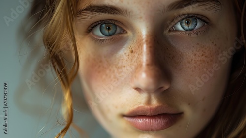 Femme modèle portrait rapproché mettant l'accent sur les yeux : Regard neutre et éclairage naturel photo