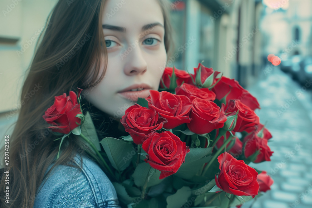 A young woman with long hair is holding a large bouquet of red roses, partially obscuring her face, against an urban street background. A young woman with long hair is holding a large bouquet of red roses, partially obscuring her face, against an urban street background.