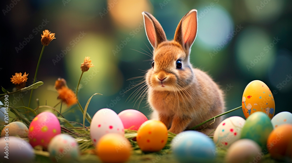rabbit and colorful eggs. Easter holiday concept. rabbit and colorful eggs. Easter holiday concept.