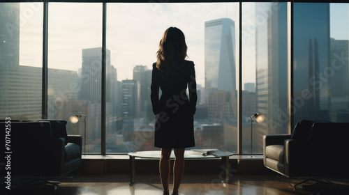 Full-body image of a businesswoman in a corporate setting, standing by a large window with a panoramic view of the downtown skyline, perfect for professional themes.