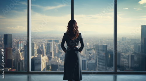 Professional businesswoman in her office, gazing at the city below through a large window, illustrating decision-making and ambition in a modern workplace.