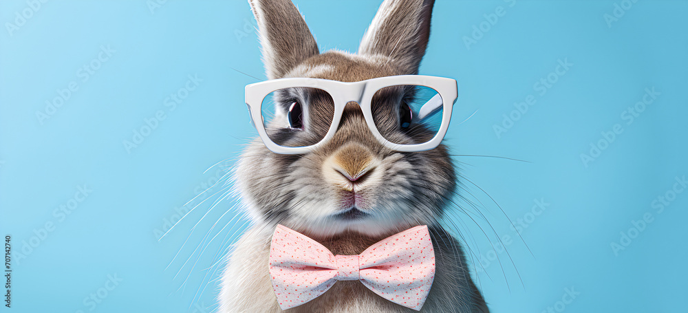 Bunny with pink sunglasses and bow tie isolated on a blue background