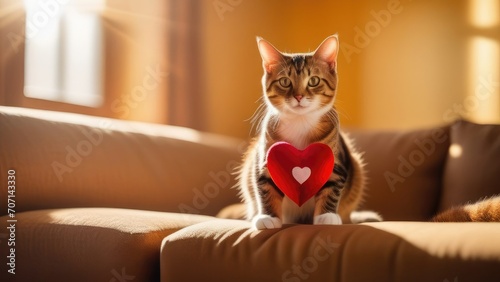 A red fluffy cat holds a red heart in its paws. Valentine's Day. Holiday